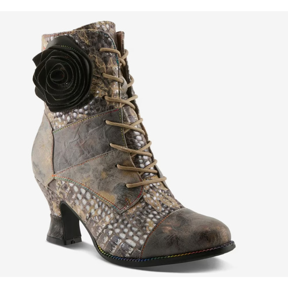 NEW L'ARTISTE SPRING STEP GRAY FLORAL PATCHWORK ANKLE BOOTS BOOTIES 38 US 7.5 8 - Picture 1 of 13